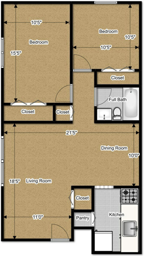 Floor plan for 2 beds, 1 bath, 846 sqft